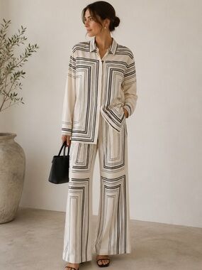 ZARA Cream Geometric Print Wide-Leg Pants MEDIUM & Shirt Set LARGE